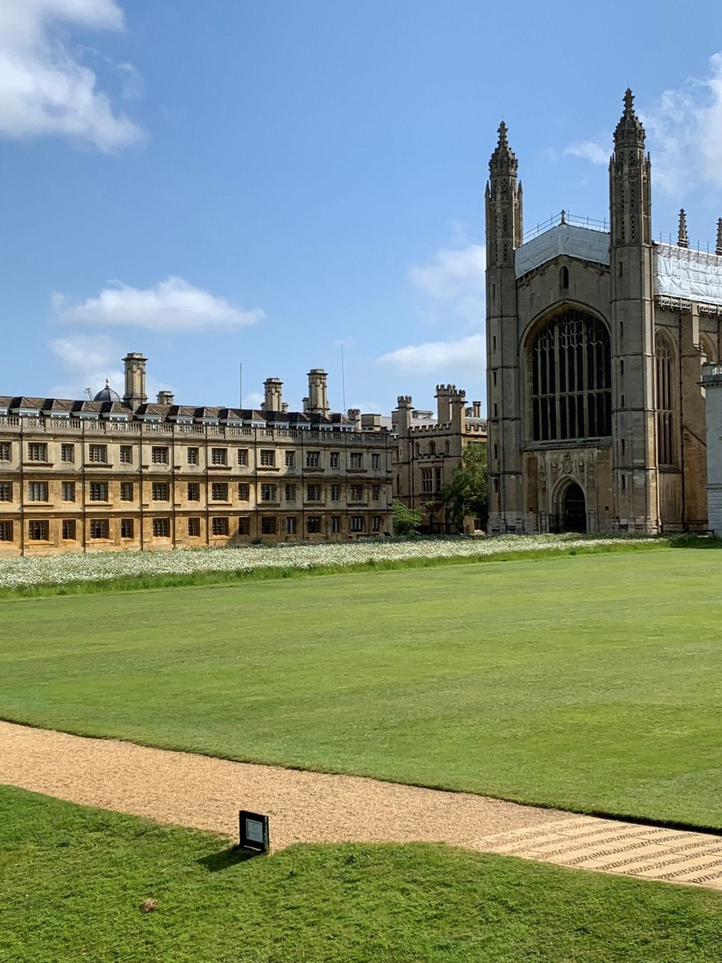 King’s College Chapel, Cambridge, seen across the lawn on a bright day.